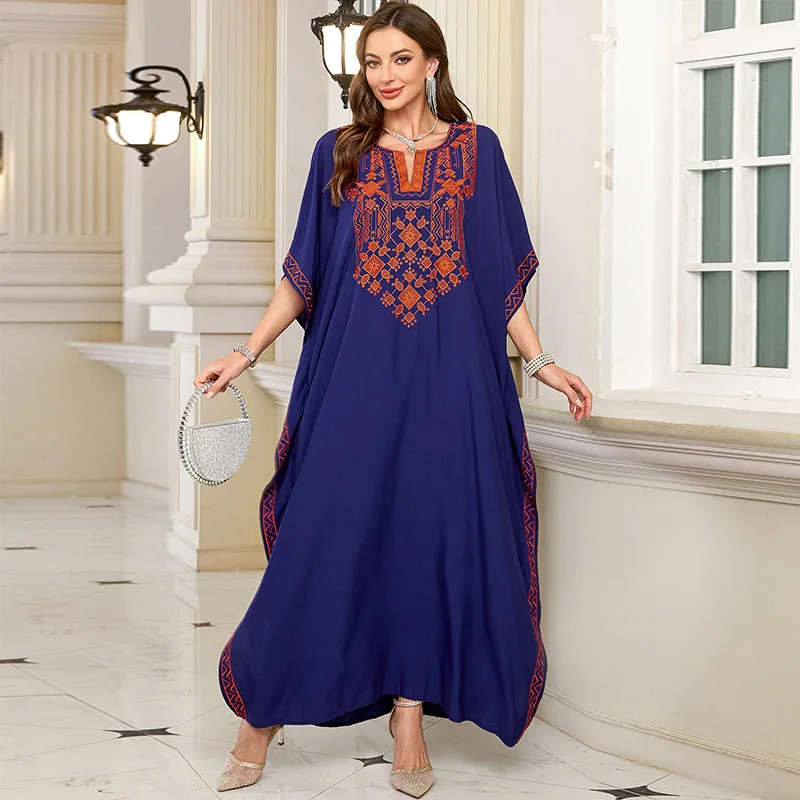 2025 Vintage Embroidery Kaftan Sexy V-neck Batwing Sleeve High Waist Maxi Dress Tunic Women Clothing Summer Beach Dresses