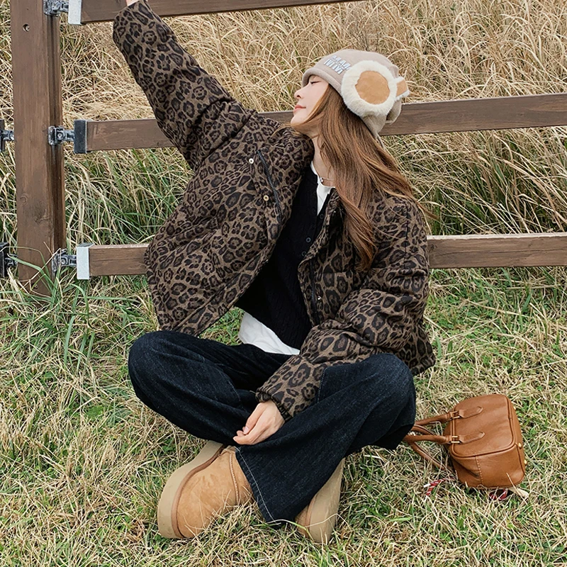 Vintage Street Leopard Print Bread Jacket Women's Korean Fashion Short Warm Thickened Parkas 2025 New Winter Loose Jacket Coats
