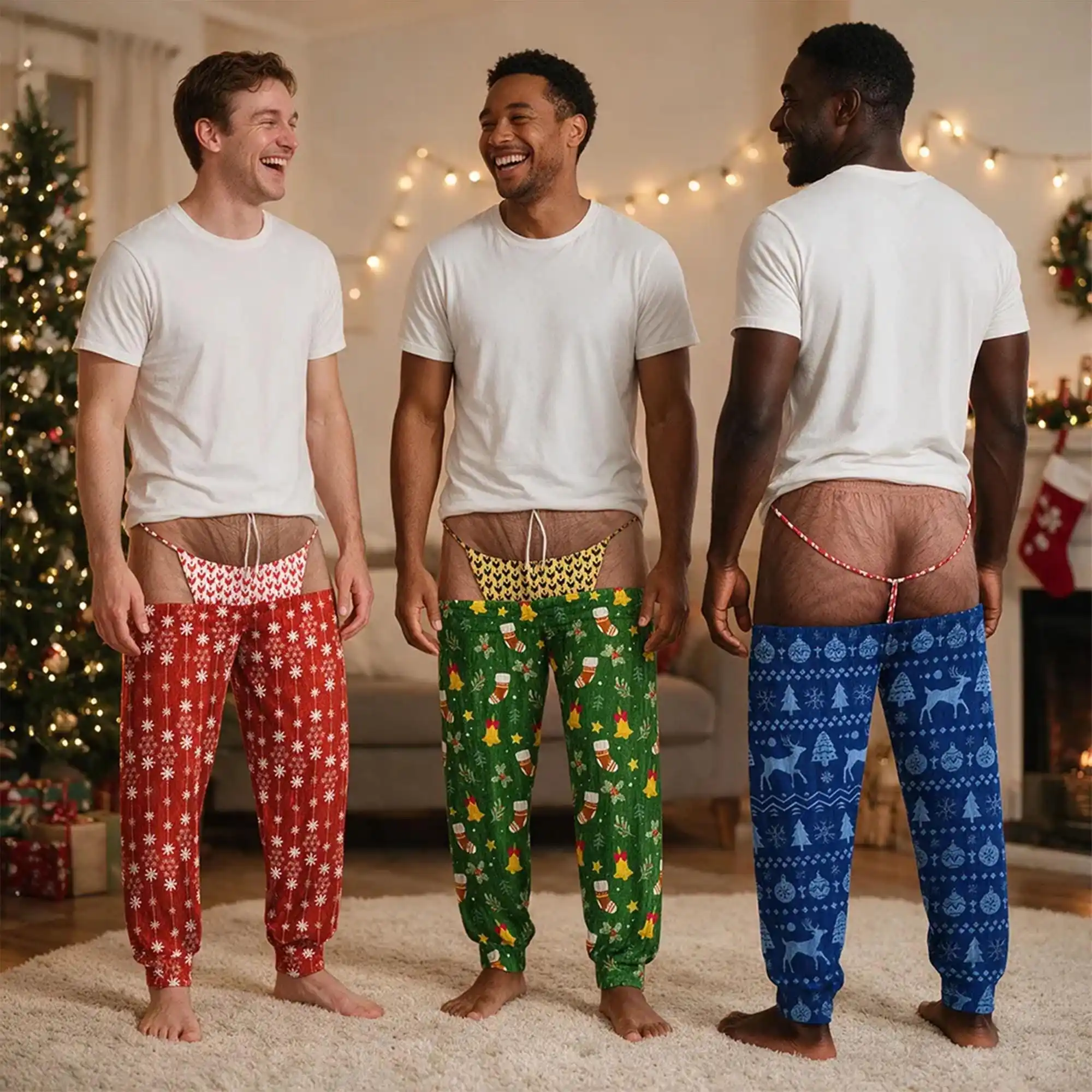 Men's Funny Christmas Open Buttocks Sleeping Pants, Fun Christmas Prints, No Crotch Pants, Holiday Parties, Pranks, Home Pants