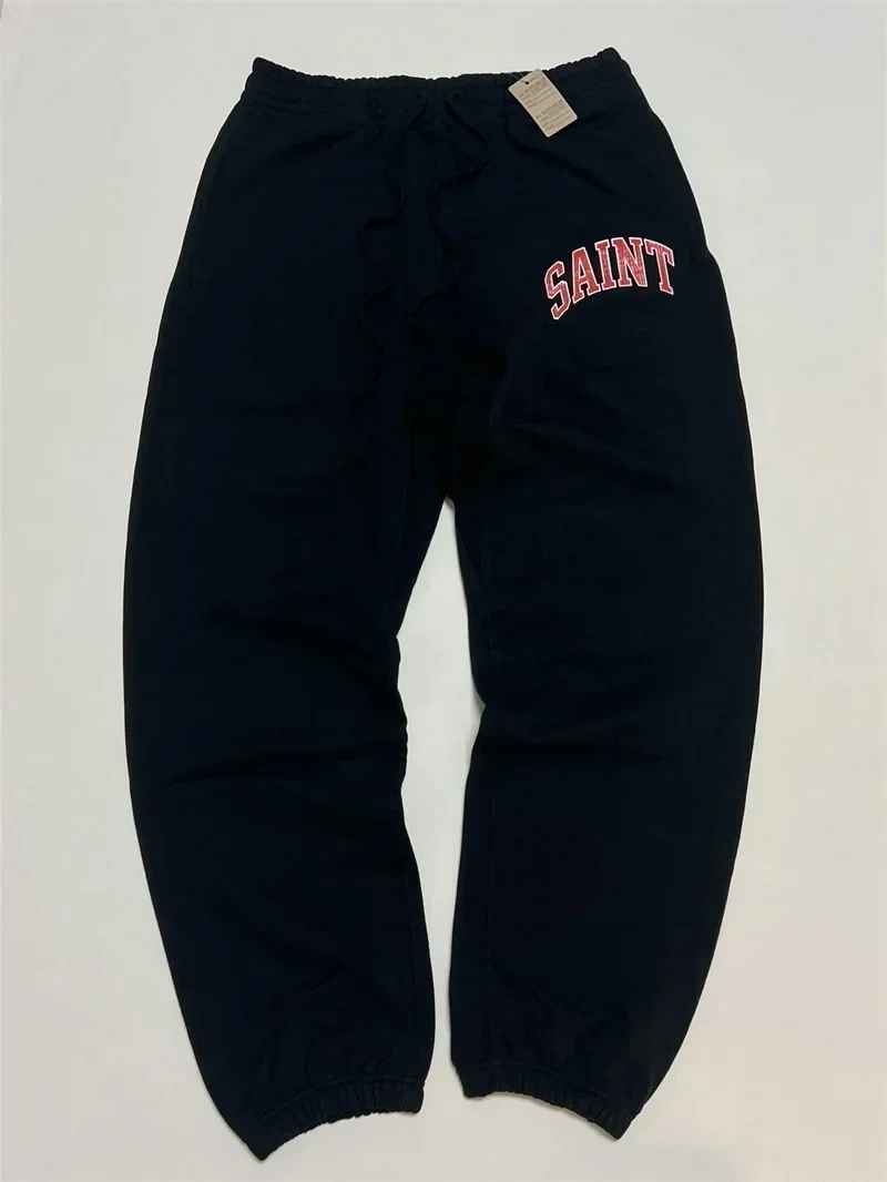 SAINT MICHAEL Black Pants Men Women 1:1 Top Quality Cracked Retro Print SAINT LOGO Oversized Sweatpants
