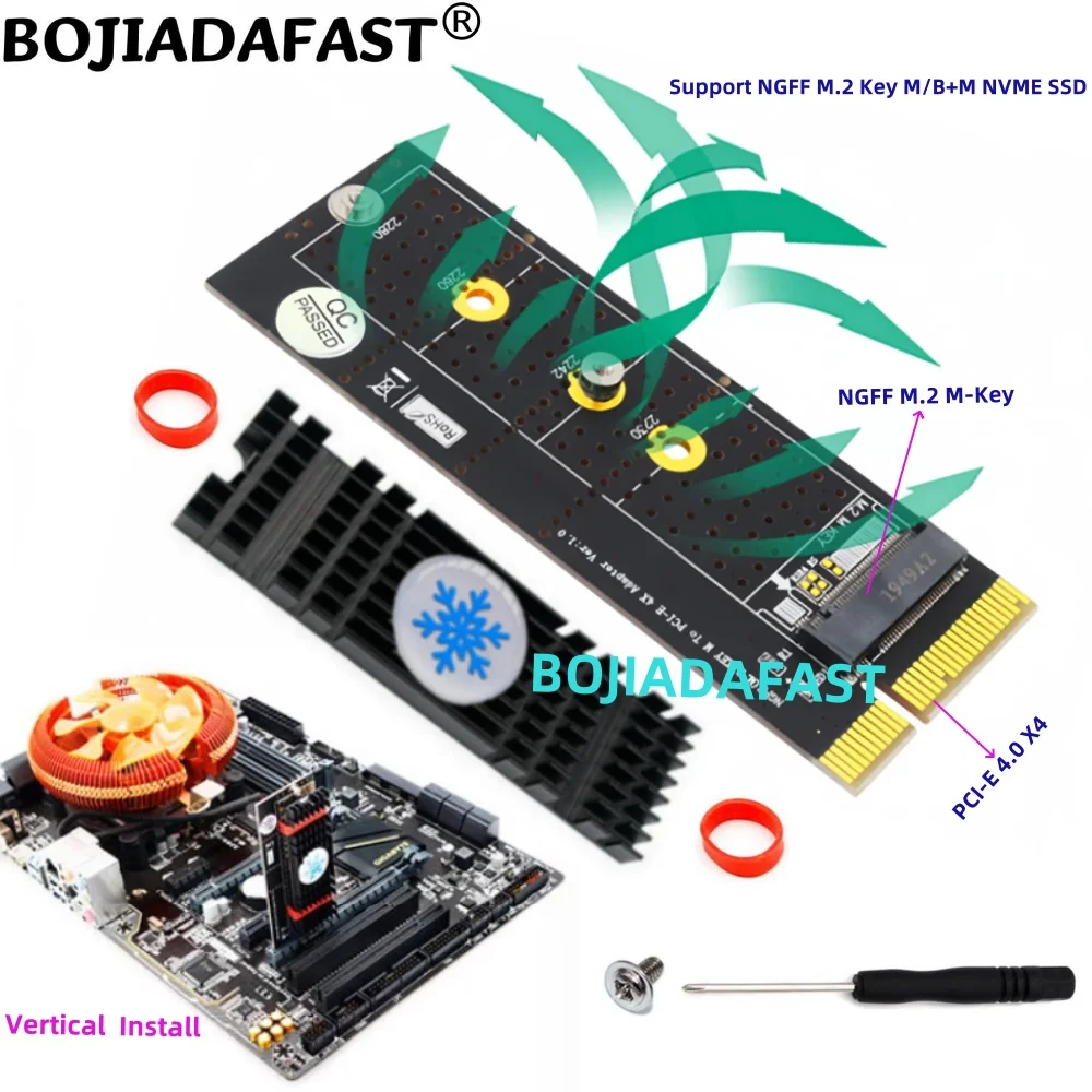 PCI-E 4.0 4X to NGFF M.2 Key-M SSD Converter Adapter Card Heatsink - Vertical Installation for 2230 2242 2260 2280 M2 Nvme SSD