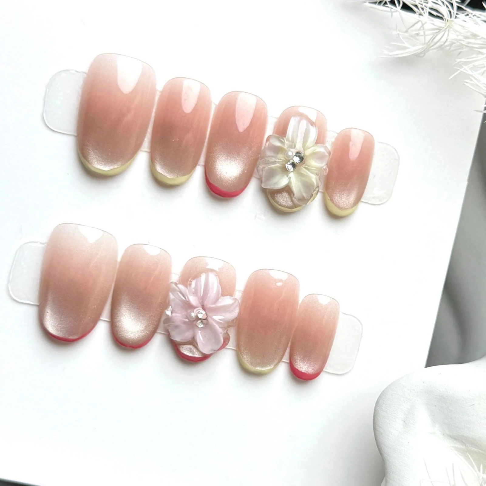 10pcs French Fake Nails Handmade Press On Nails For Wedding Party Nude Pink Cat Eyes Resin 3d Flower Decor Manicure Short Oval