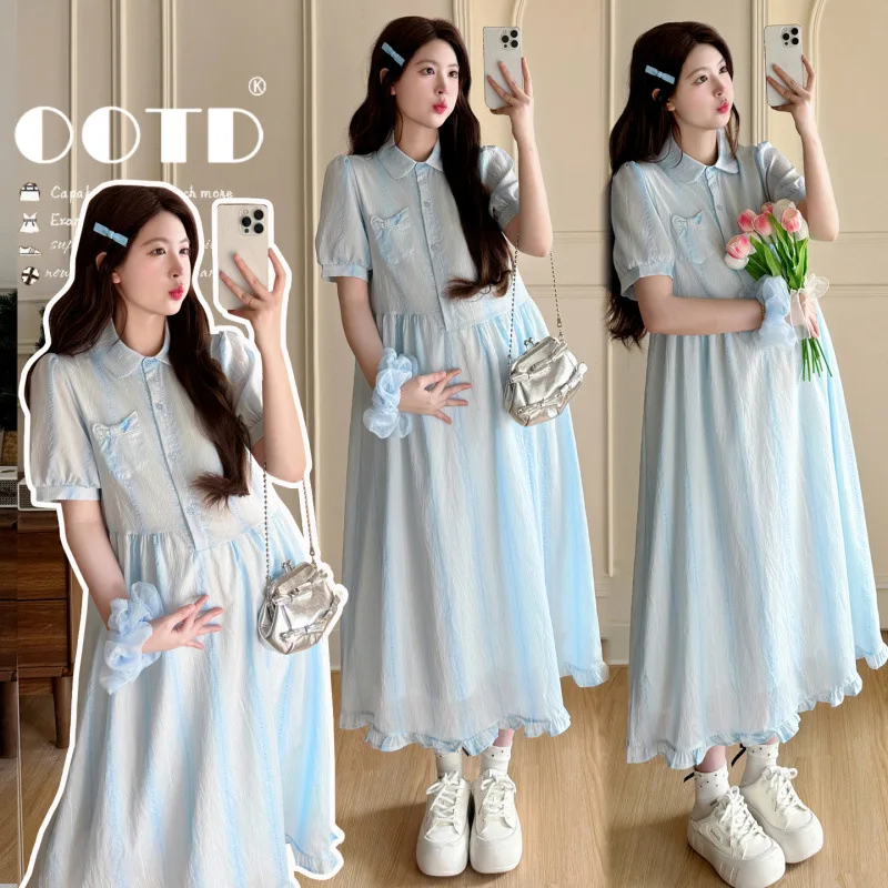 Maternity Dress Summer 2026 Sweet Cute Blue Short Sleeve Peter Pan Collar Maxi Dress For Pregnant Women Soft Comfortable