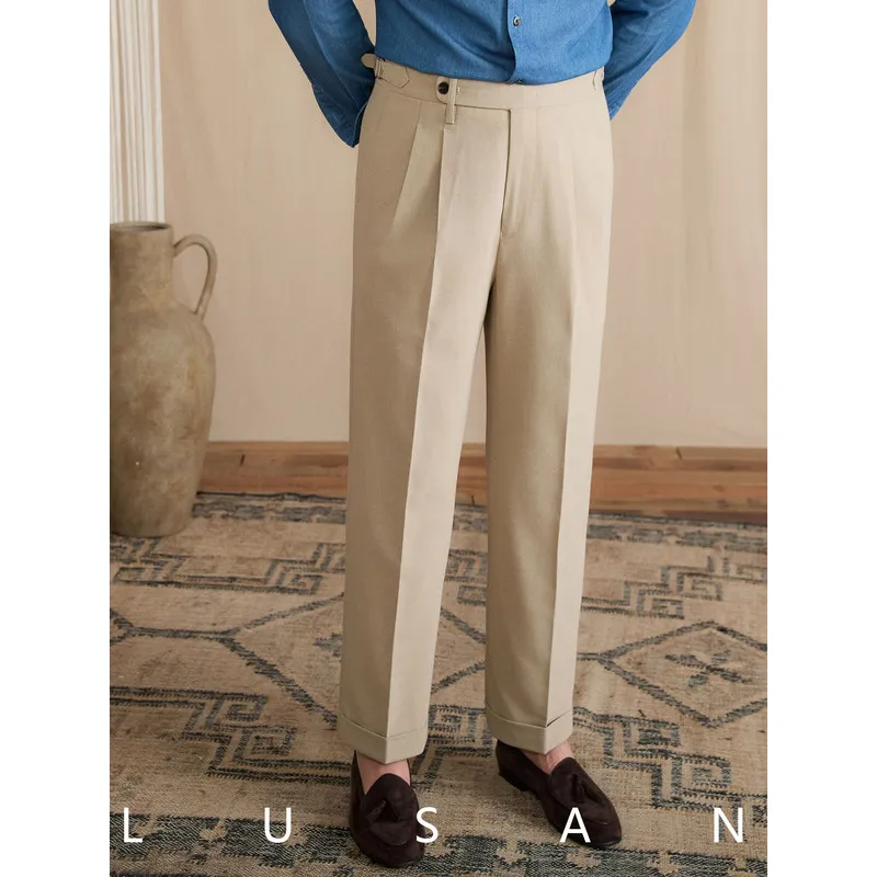 straight-leg trousers made of strong-twisted wool blend, suitable for business casual wear, Naples-style Italian men's trousers