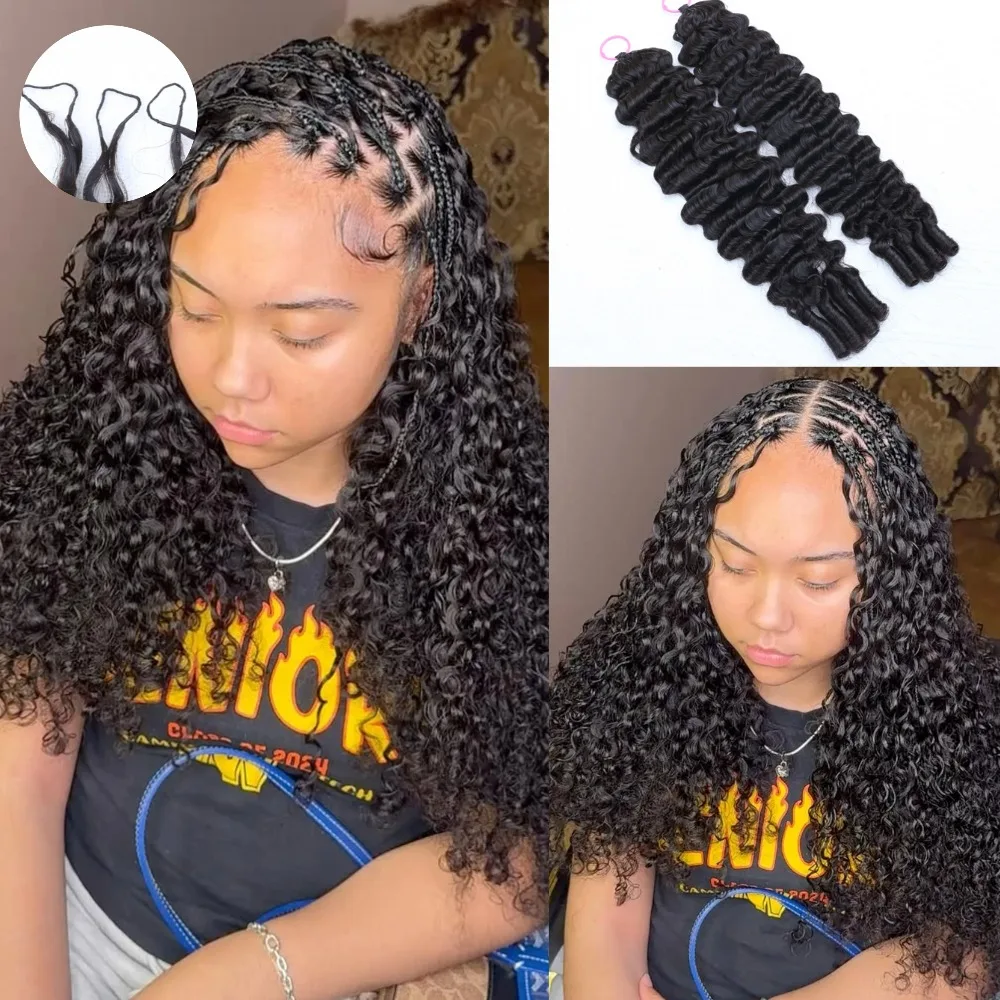 100% Human Hair Natural Black 12A Burmese Curly Boho Crochet Braids Pre-Looped Pre-Separated Invisible Feather-Line Crochet Hair Extensions Knotless Hair with Spiral Ends Soft Fluffy Daily Wear For Women