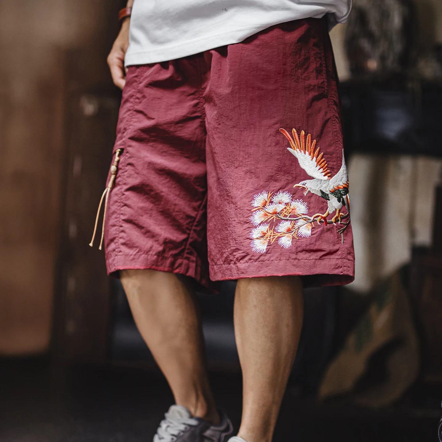 Maden Men's Yokosuka Eagle Embroidered Shorts Loose Elastic Waist Red Quick Dry Summer Casual Beach Board Man Shorts Genuine