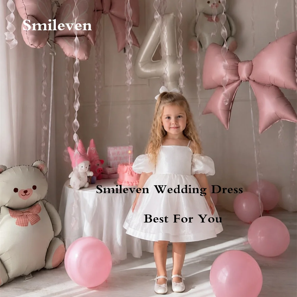 Smileven White Satin Spaghetti Strap Flower Girl Dresses Puff Short Sleeve ALine Communion Dress Kids Party Gowns Customized