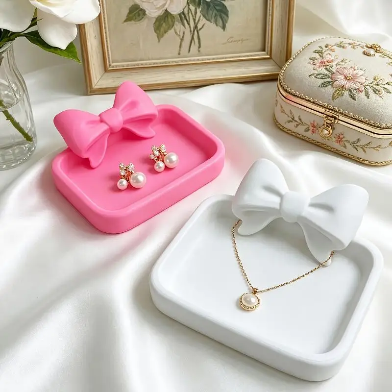 Bow Design Smooth PLA Jewelry Tray Anti Slip Base 1Pc Multifunctional Vanity Organizer for Jewelry Cosmetic Small Items Storage