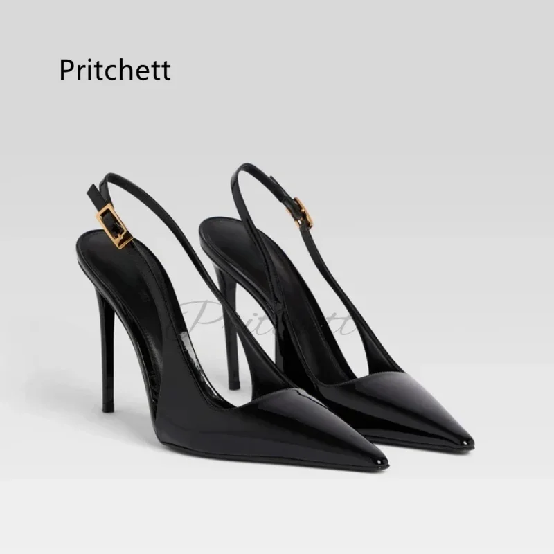 Black Patent Leather Sandals for Women Pointed Toe High Heels Buckle Strap Summer Shoes Sexy Fashion Dress Banquet Shoes