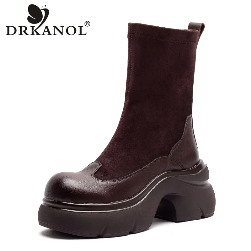 DRKANOL Fashion Women Socks Boots Thick High Heel Height Increasing Round Toe Genuine Leather Platform Slip On Mid Calf Boots