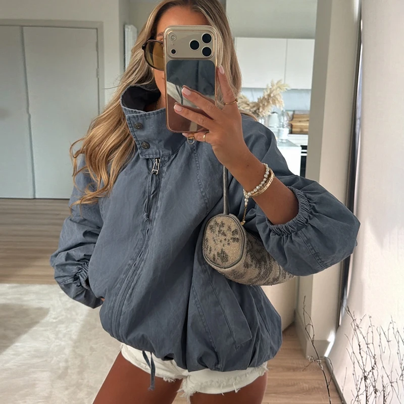 Fashion Light Blue Loose Jacket Women Retro Stand Collar Zip Up Drawstring Hem Lantern Sleeve Coat Autumn Daily Street Outerwear