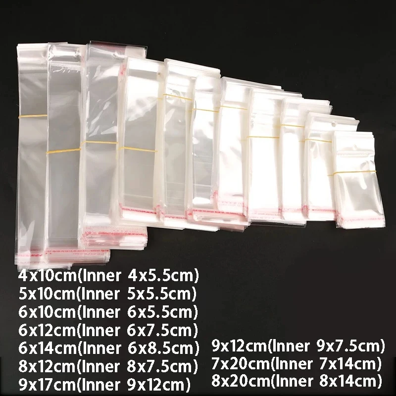 50-200pcs Transparent Self Adhesive Bags OPP Plastic Storage Seal Pack Bags With Hang Hole for Retail Jewelry Packaging Pouches