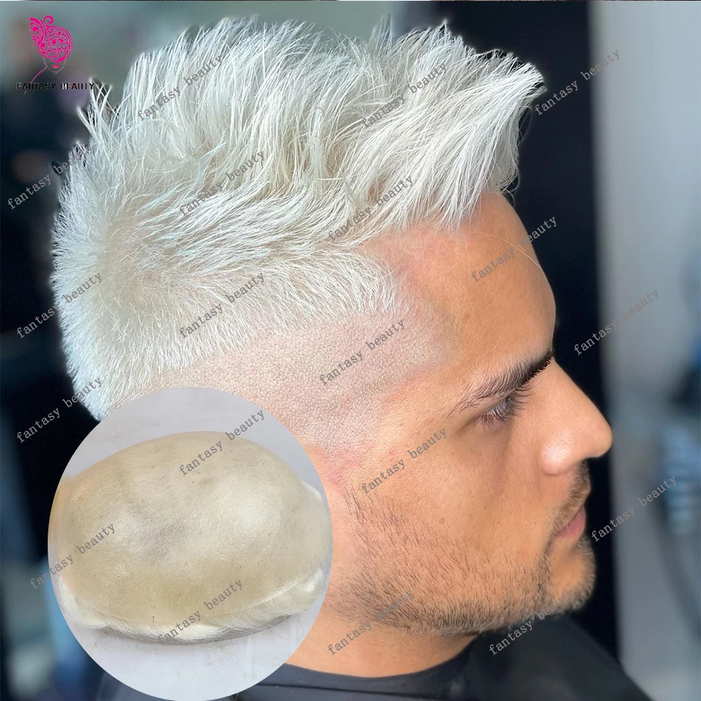 Invisible 0.06mm Thin Skin 60R# Blonde Men Toupee PU Human Hair System V-loop Hairline Men's Capillary Prosthesis Grey Male Unit