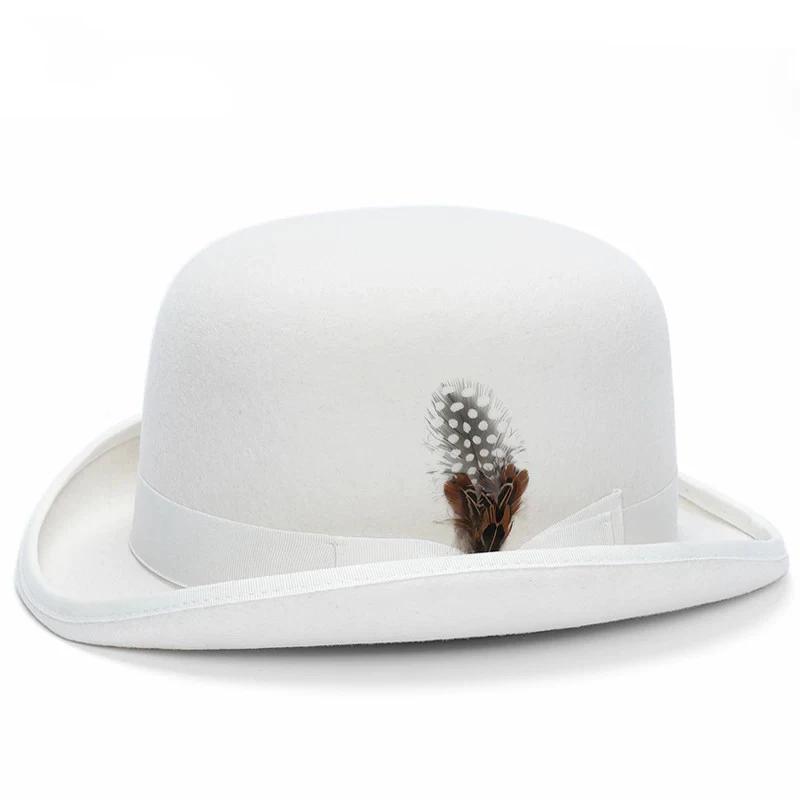 Mens Big Head 54-63cm Bowler Hat 100% Wool White Womens Derby Hats with Feather Costume Hats Short Brim Felt Fedora Hat