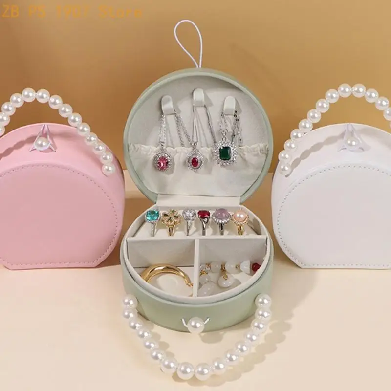 Dresser Top Jewelry Storage Box with Soft Lining, Necklace Hooks and Ring Storage, Round Case with Carry Handle 55KA