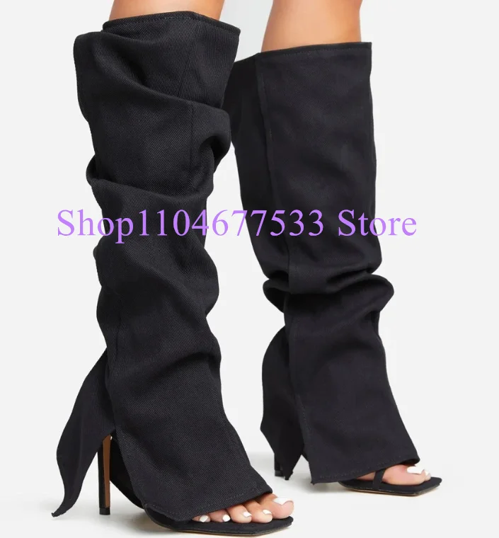 Black Blue Denim Woman Sandals Long Boots Sexy Peep Toe Thin Heel Lady Knee High Boots Large Size Banquet Party Fashion Shoes