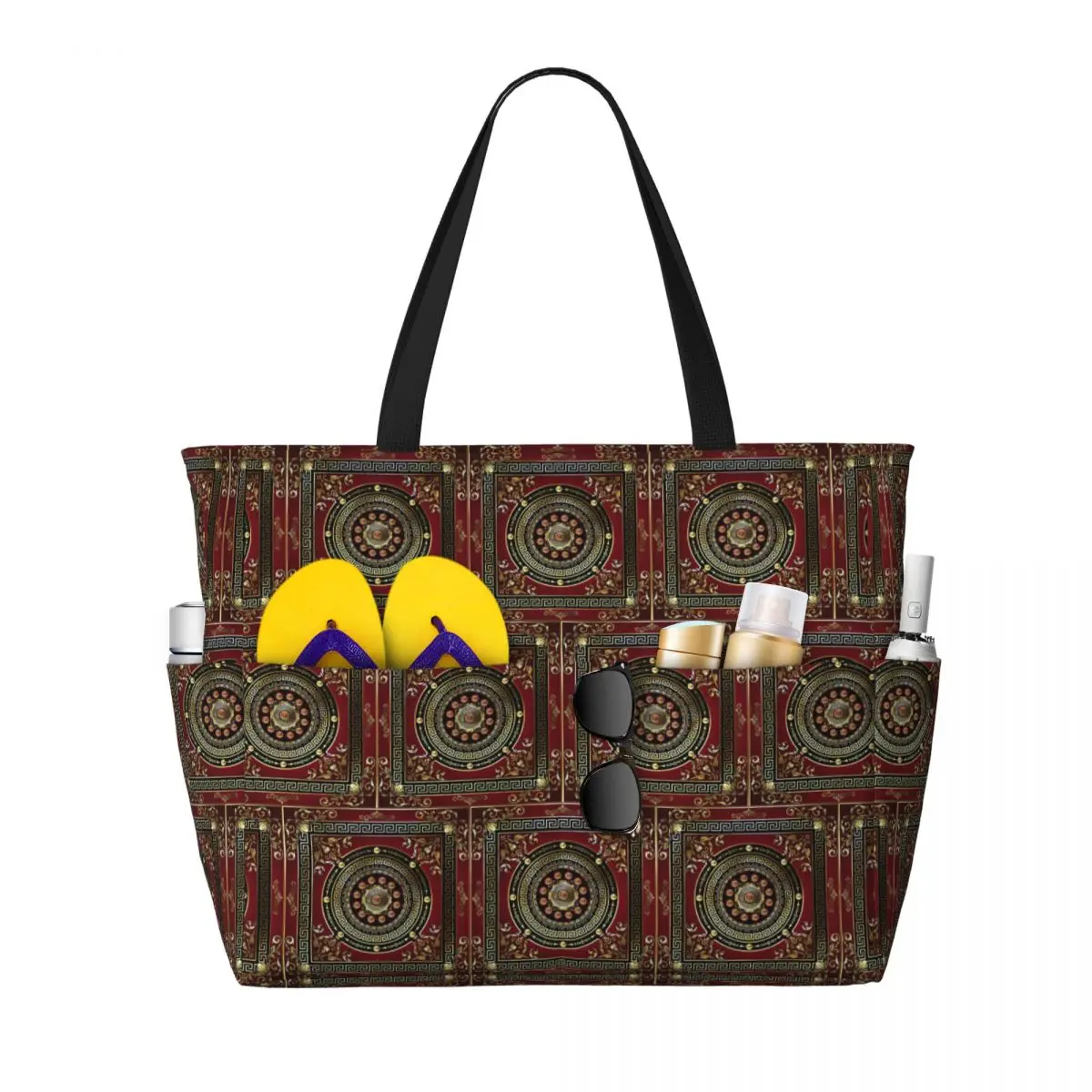 Greek Key Meander Red Gold Black Medallion Baroque Beach Tote Bag Sport Gym Yoga Duffle Large Women Travel Bag Fitness bag