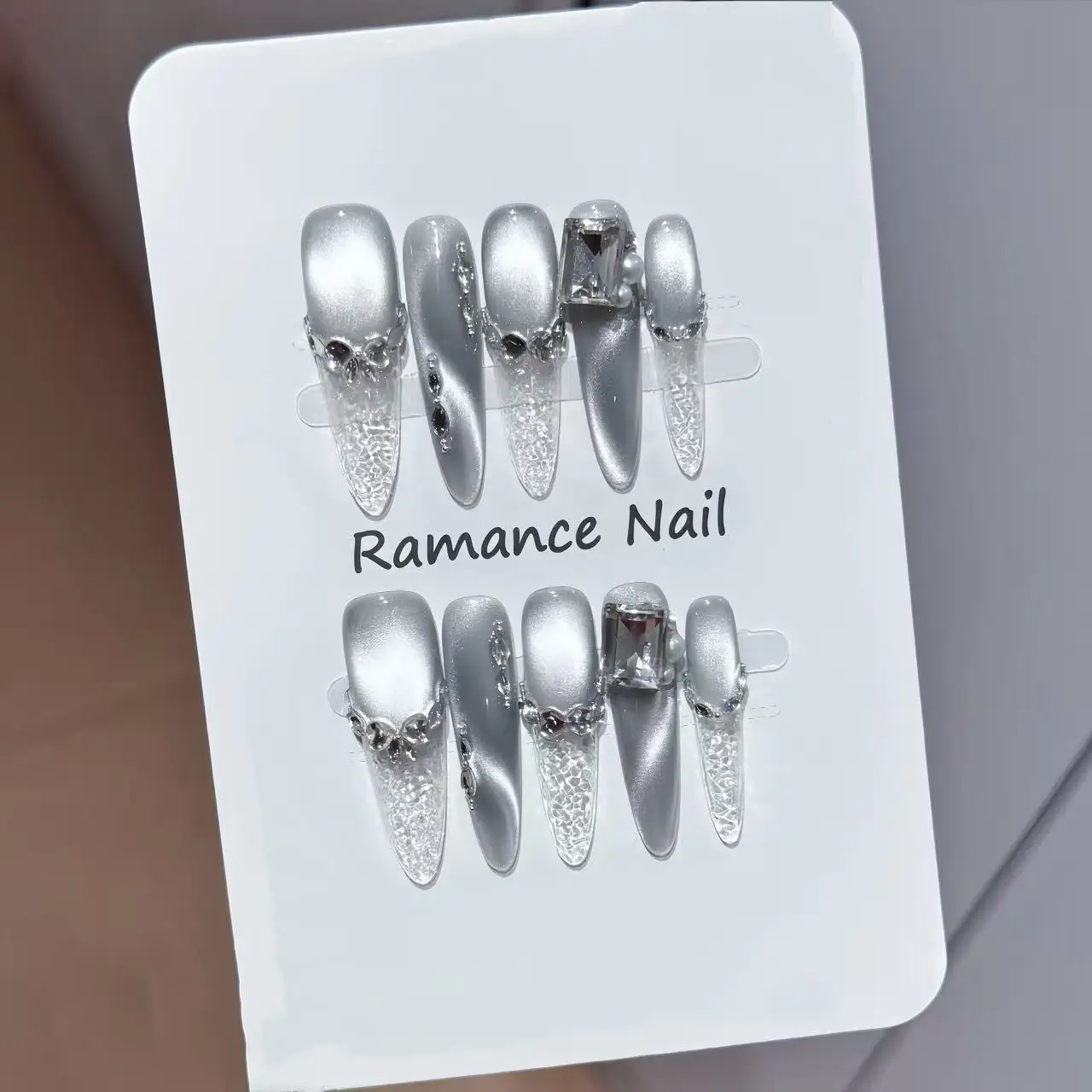 10pcsHandmade Long Stiletto Press On Nails Silver Cat Eye Gradient French Rhinestone Design Cool Fake Nails Wearable Spice Girls