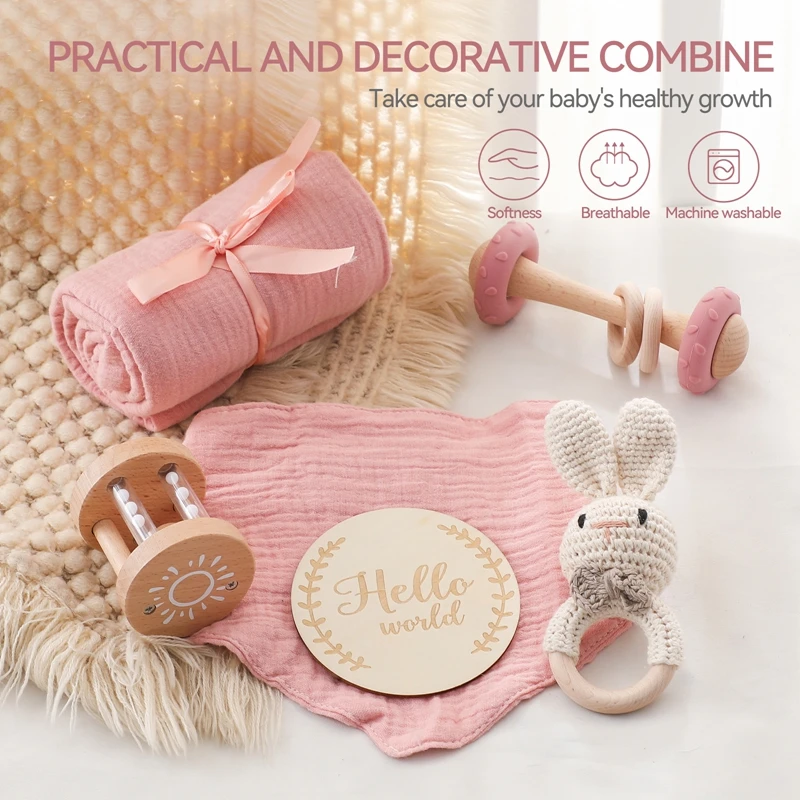 Newborn Baby Gift Box Bath Toy Set Crochet Bunny Rattle Blanket Hello World Sign Baby Shower Gift for Infant Girls Rattle Toy