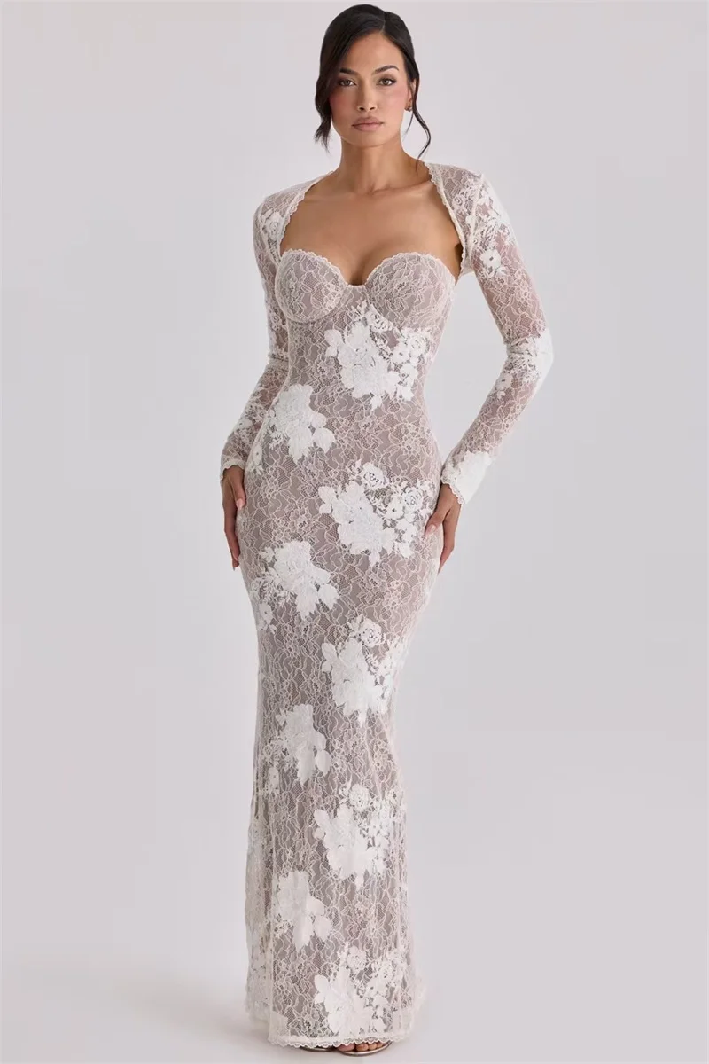 White Lace Prom Dress 2 Pcs Full Sleeves Jacket+Long Party Bridal Gown Formal Wedding Guest Bridal Birthday Robe