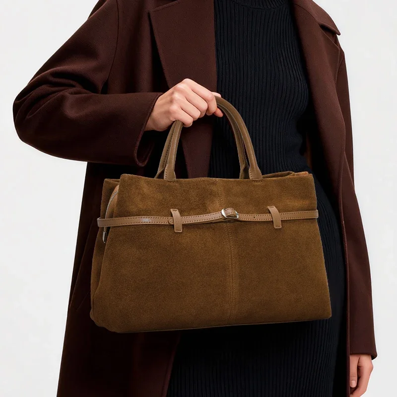 Genuine Leather Women's Tote Bag  Large Capacity Shoulder Handbag with Top Handle, Soft Suede Cowhide, Minimalist Office Work B