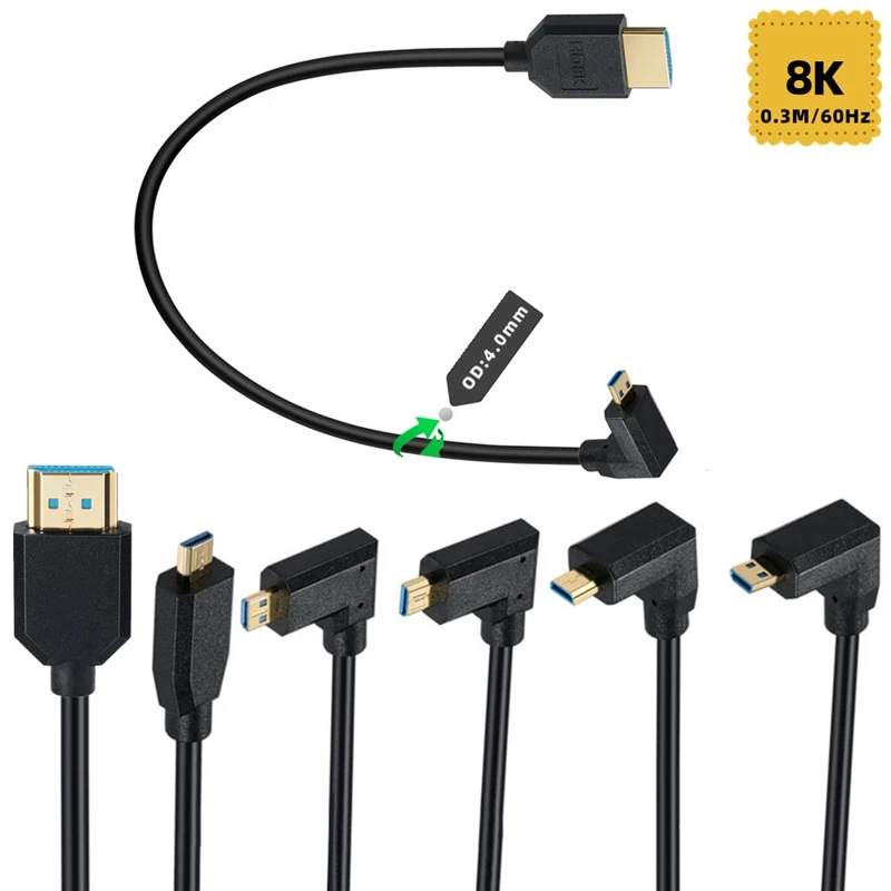 30cm OD4.0mm Slim Line HDMI-compatible to Micro HDMI - compatible Elbow Data Cable 2.1V 8K 60Hz for Camera Projector Display