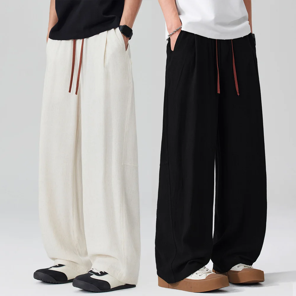 Splice Waist Casual Pants Men Summer Streetwear Lightweight Fashion Vintage Loose Breathable Linen Blend Straight Pants Trousers