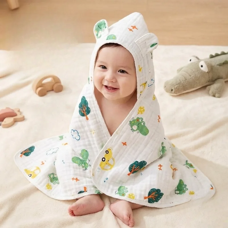 Baby Six-layer Gauze Bath Towel Class A Maternal and Infant Cotton Hooded Cape, Baby Absorbent Swimming Bath Towel