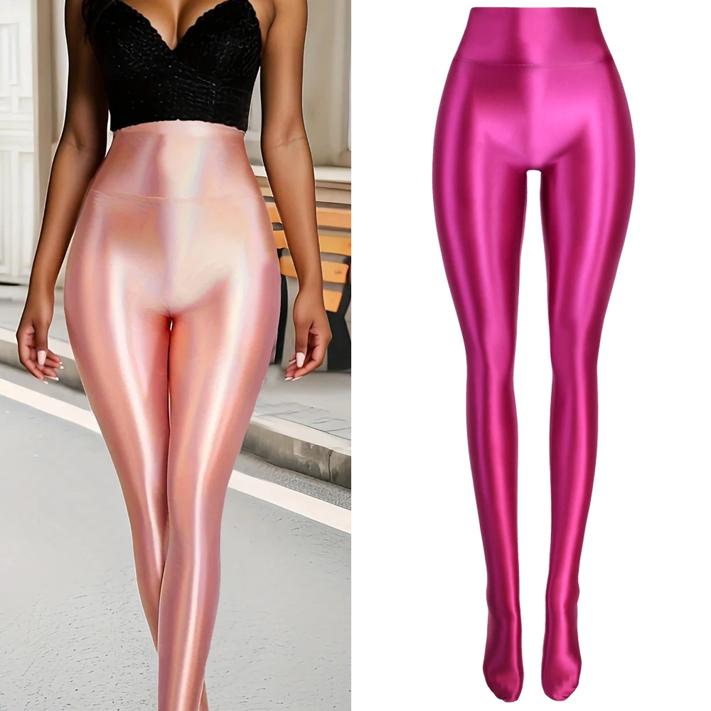 MJINM Women's Shiny Satin High Waist Yoga Pants Soft Fitness Joggers Wide Waist Leggings Quality Tights for Jogging