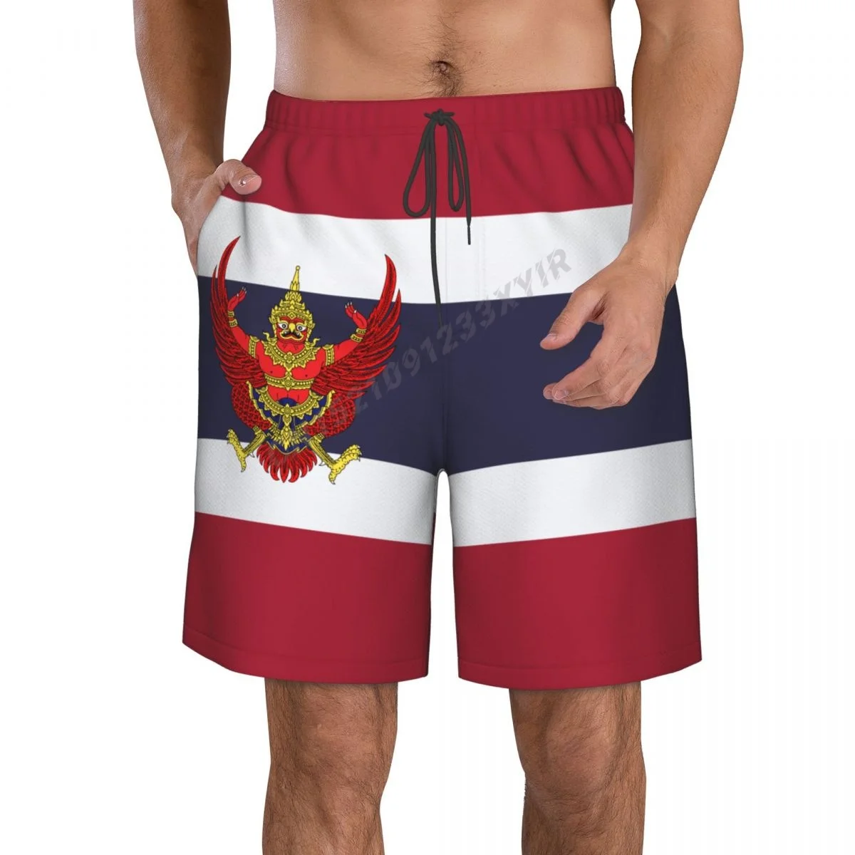 Summer Men's Thailand Emblem Flag Beach Pants Shorts Surfing M-2XL Polyester Swimwear Running