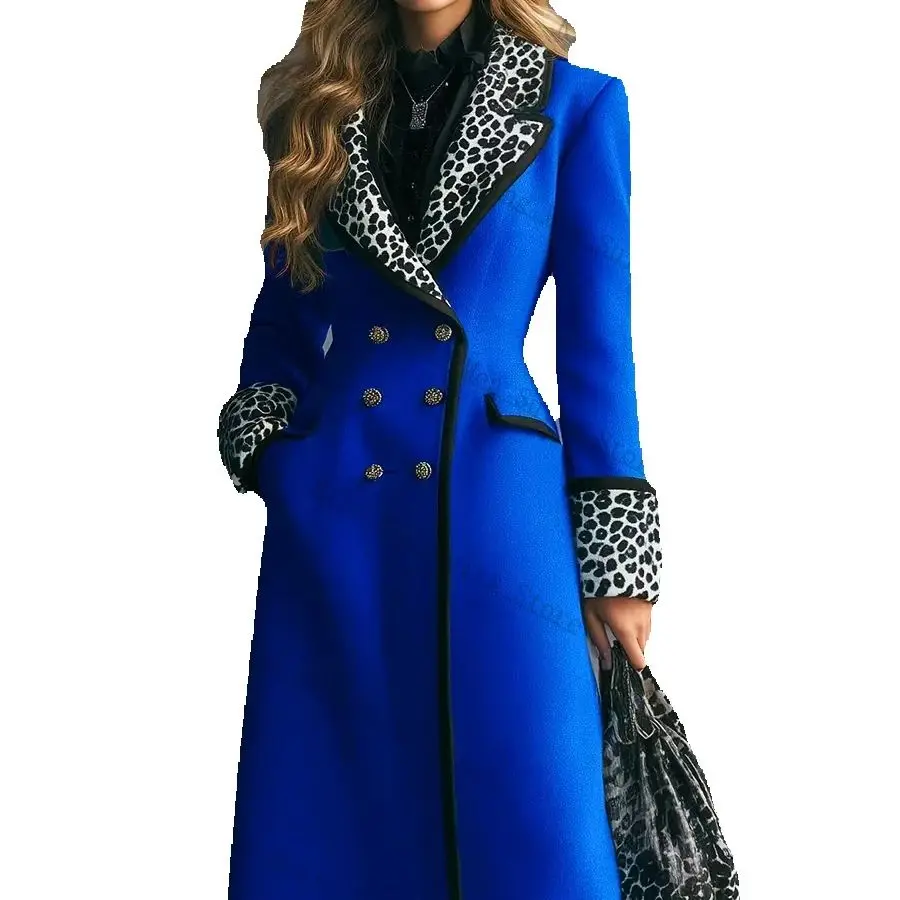 Blue Cashmere Women Suit 1 Piece Leopard Long Blazer Wool Prom Dress Customized Winter Formal Guest Wedding Tuxedos Party Coat