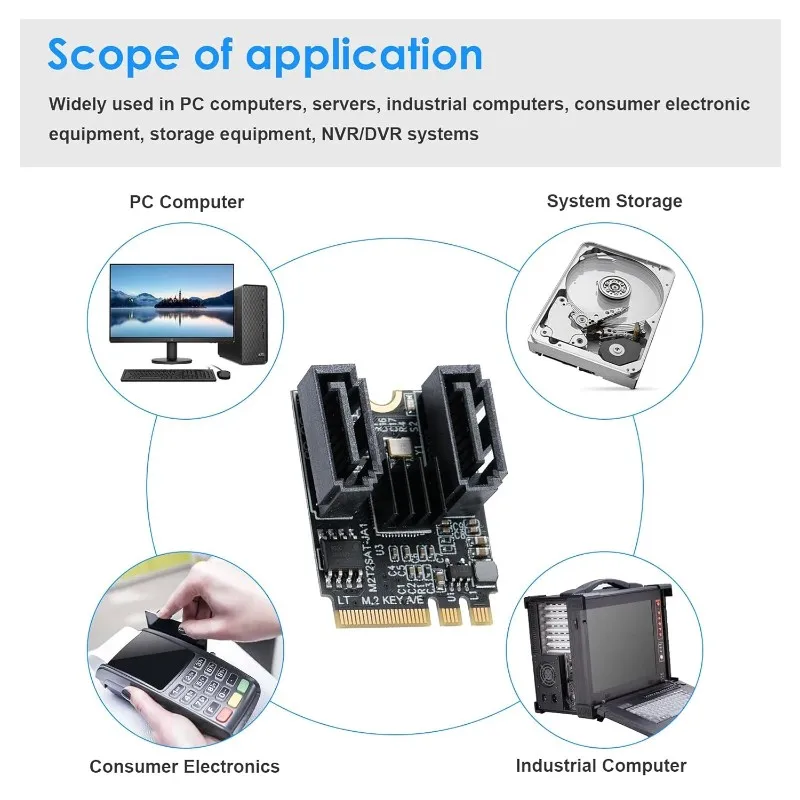 N34R-M.2 (A+E Key) To 2 Ports SATA3.0 6G Multiplier Free Driver For Motherboard SATA Hard Drive Expansion