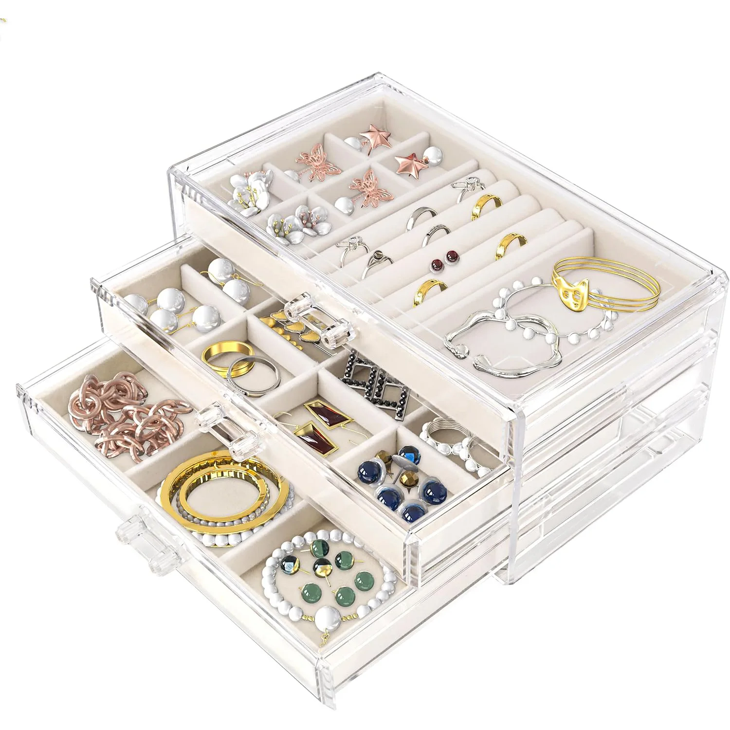3-Tier Acrylic Jewelry Organizer Drawer Box with Velvet Trays Multi-Layer Storage for Earrings Necklaces Rings