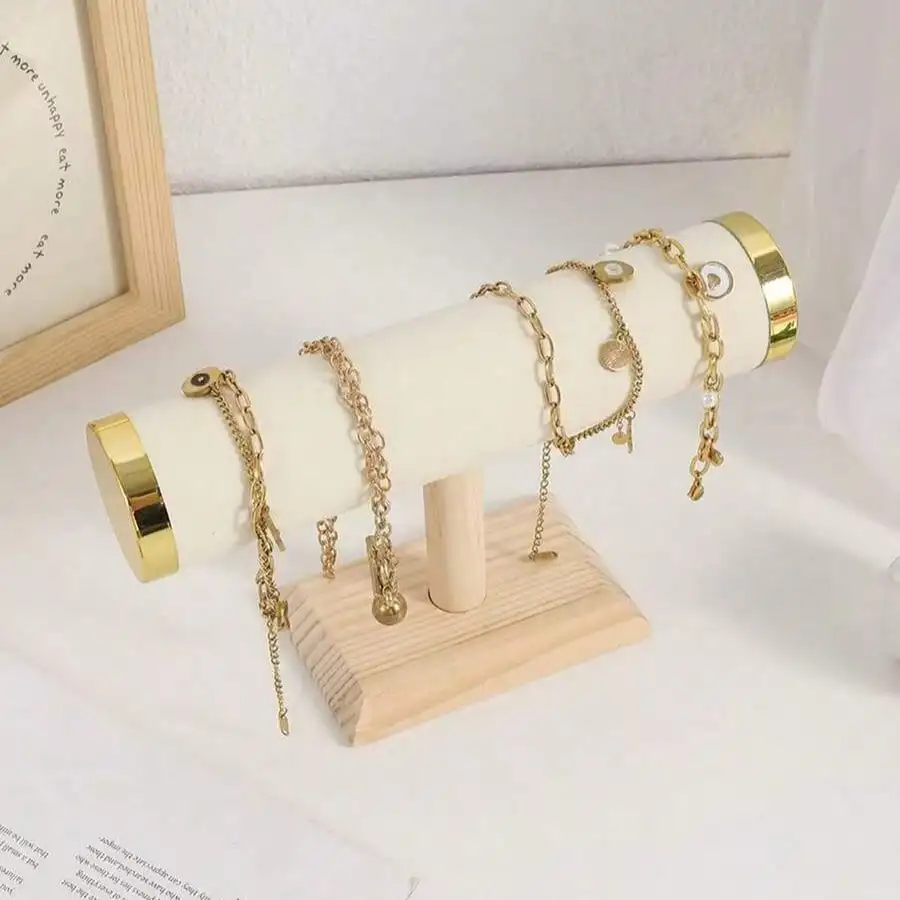 Wood Base Gold Trim Bangle Jewelry Display Stand Velvet TBar Holder For Bracelets Bangles Retail Shop Shooting Prop