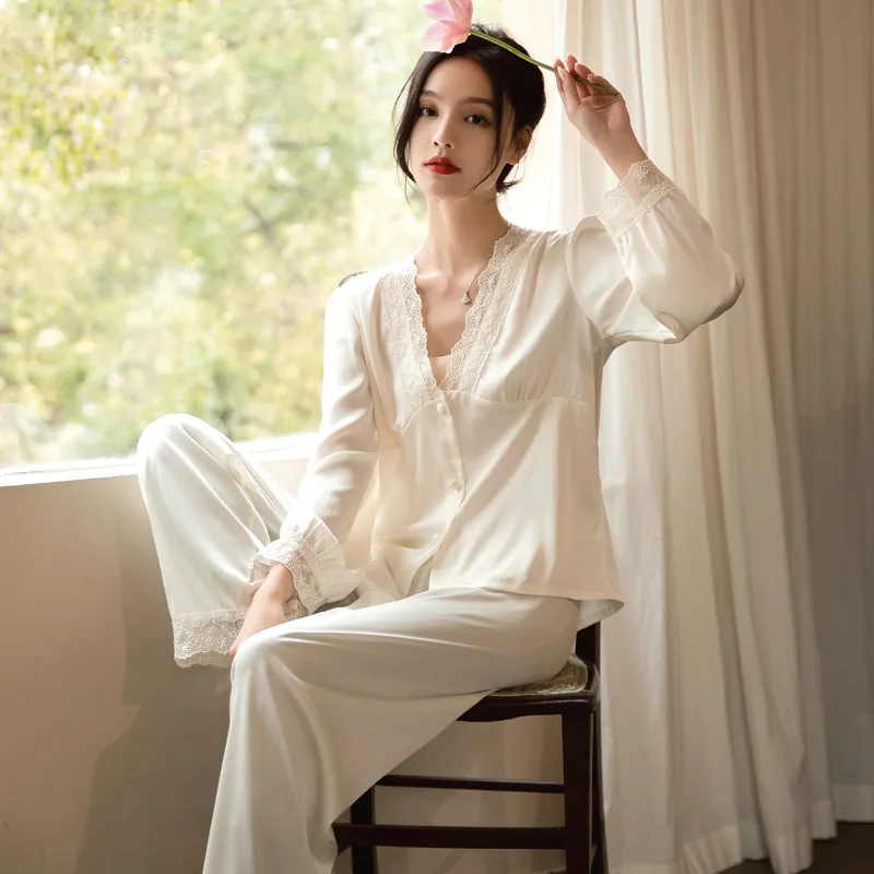 Korean Version Sexy Home Minimalist Casual Home Wear 2026 Spring Autumn New Fashionable Ice Silk Thin Silk Pajamas Set for Women