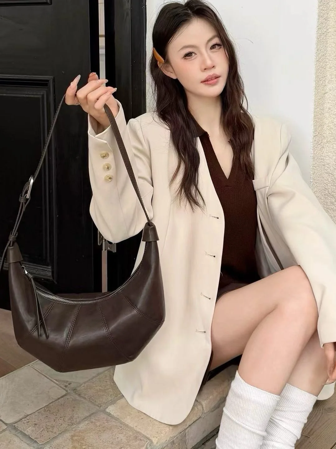 Simple Soft Leather Dumpling Bag Tannery Leather Women's Specialty High-End Sensation Bull Horn Bag Versatile Single Shoulder...