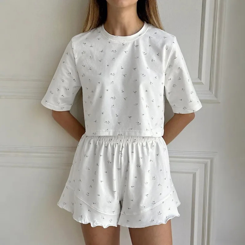2026 New Women's Knitted Printed Short Sleeve Pajama Set Loose Comfortable Two Piece Lounge Wear Spring Summer Europe America