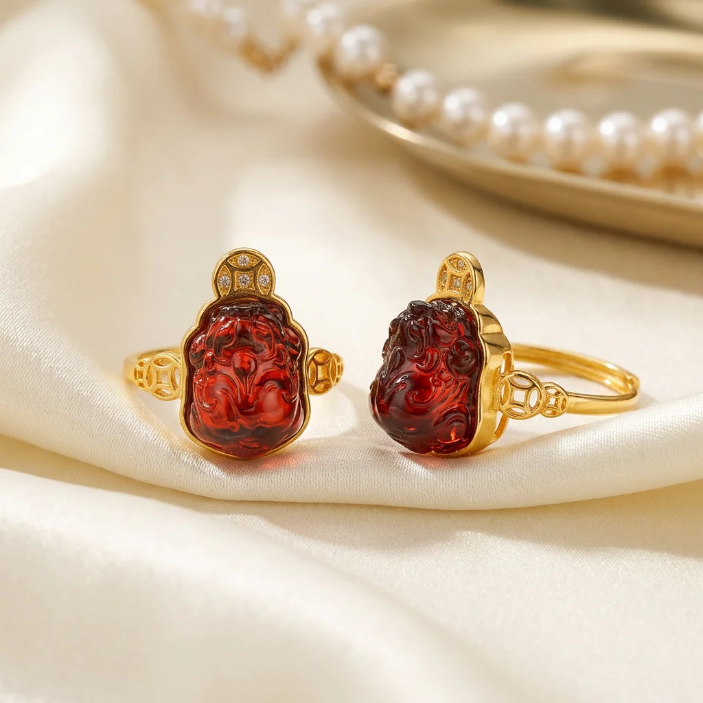 Certified 925 Sterling Silver Natural Blood Amber Pi Xiu Ring Luxury 3D Carving Wealth Blessing Band Retro Oriental Men Jewelry