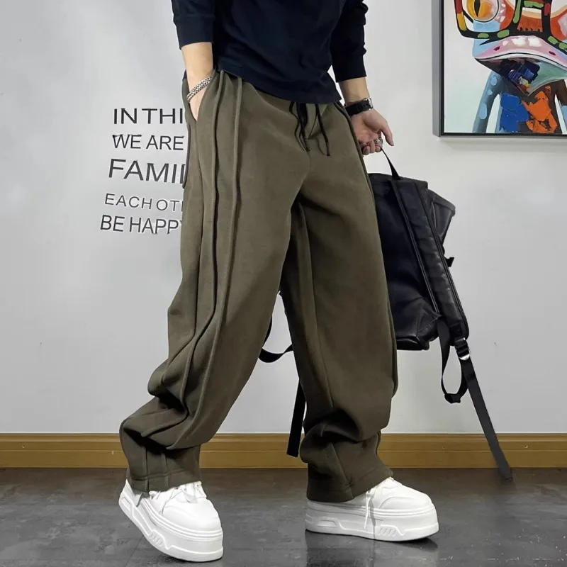 KIDWHXR Autumn Winter Man Sweatpants Thicken Warm Loose Straight Male Trousers Vintage Drawstring Sport Casual Men Pants