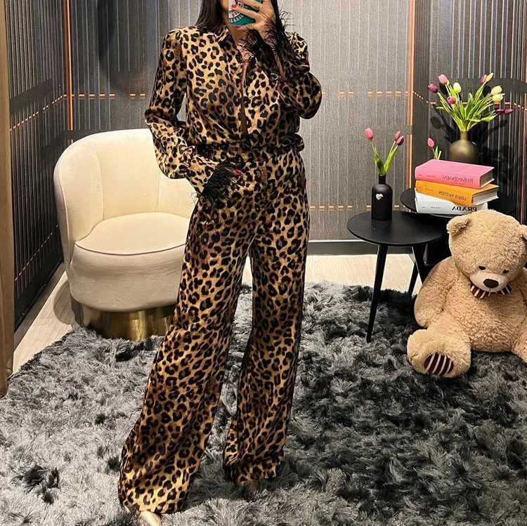 Sexy Slim Leopard Print Loungewear Women Two Piece Outfits Fashion Long Sleeve Shirts With Mid Waits Wide Leg Pants Set Female