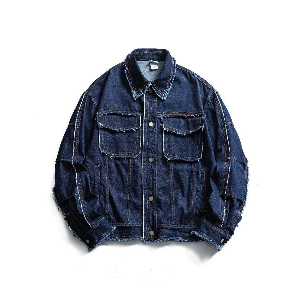 Men's Vintage Raw Edge Denim Jacket Distressed Oversized Washed Jean Jacket Casual Streetwear Coat
