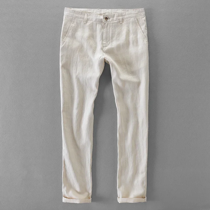 100% Pure Linen Business Casual Pants Men's Summer Breathable Tailored-Fit Long Trousers Office Work Wear Business Fashion Pants
