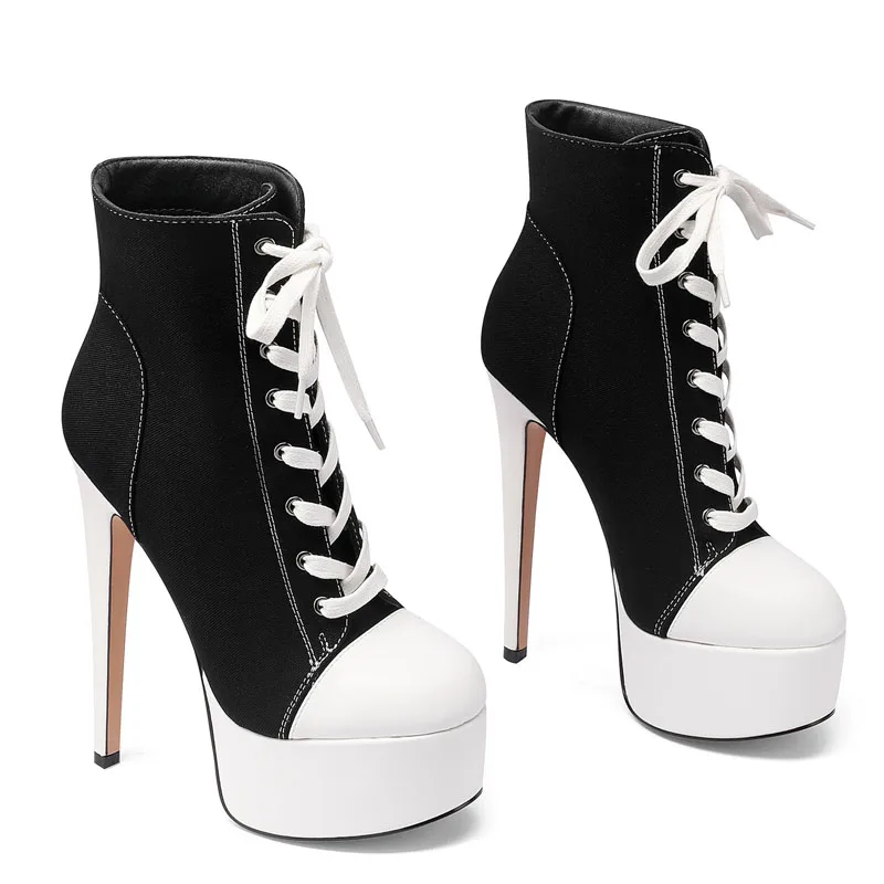 Sport Style Red Blue Denim Cloth Patchwork Lace- up Ankle Boots Woman High Platform Stiletto High Heel Short Boots Shoes