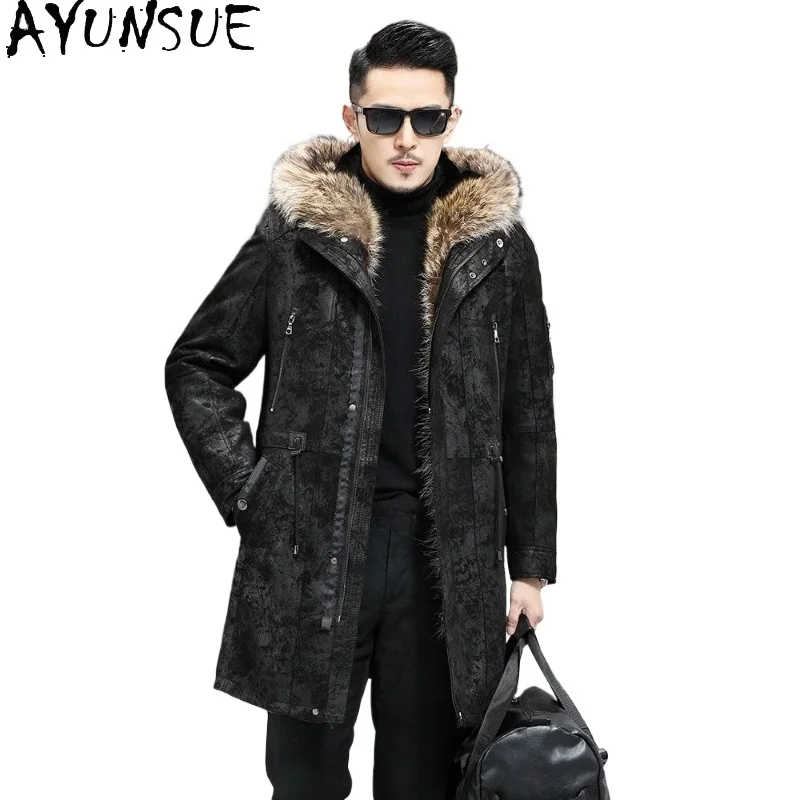 AYUNSUE 100% Sheepskin Genuine Leather Jacket Men Winter Mink Fur Liner Coat Raccoon Fur Collar Long Fur Coats Printed Jackets