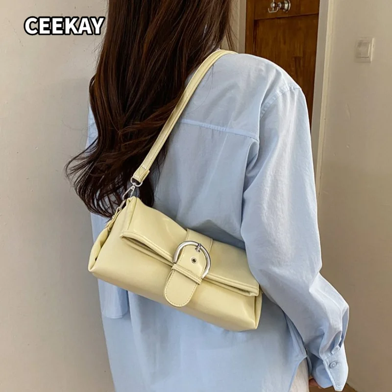 CEEKAY Women's Shoulder Bag Cream Yellow Soft PU Leather Long Flap Handbag Large Metal Ring Detail Daily Casual Sweet Style