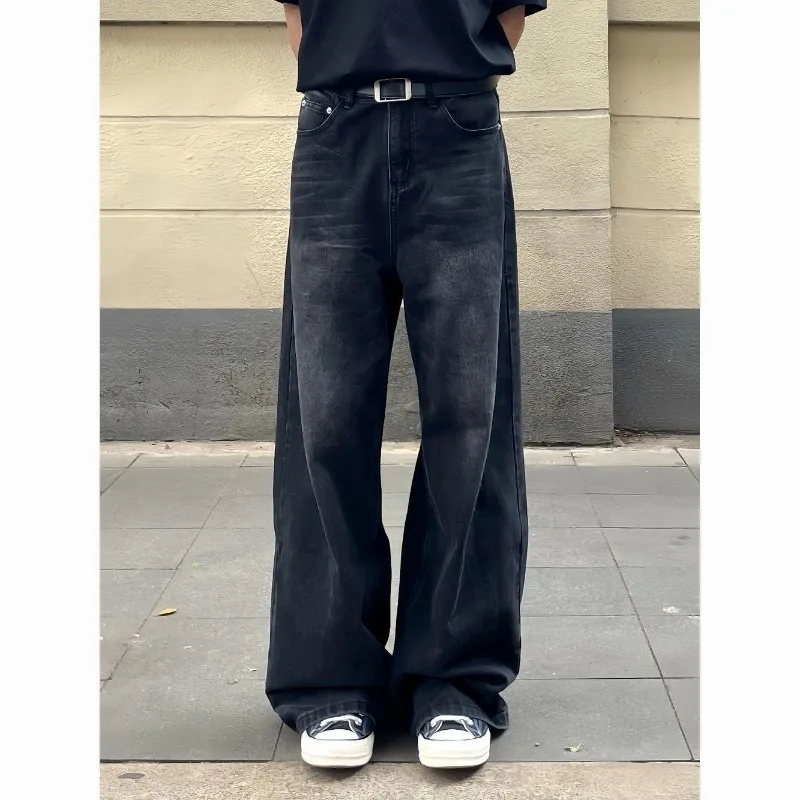 Men Wide Leg Jeans Loose Washed Denim Long Trousers Streetwear Pants