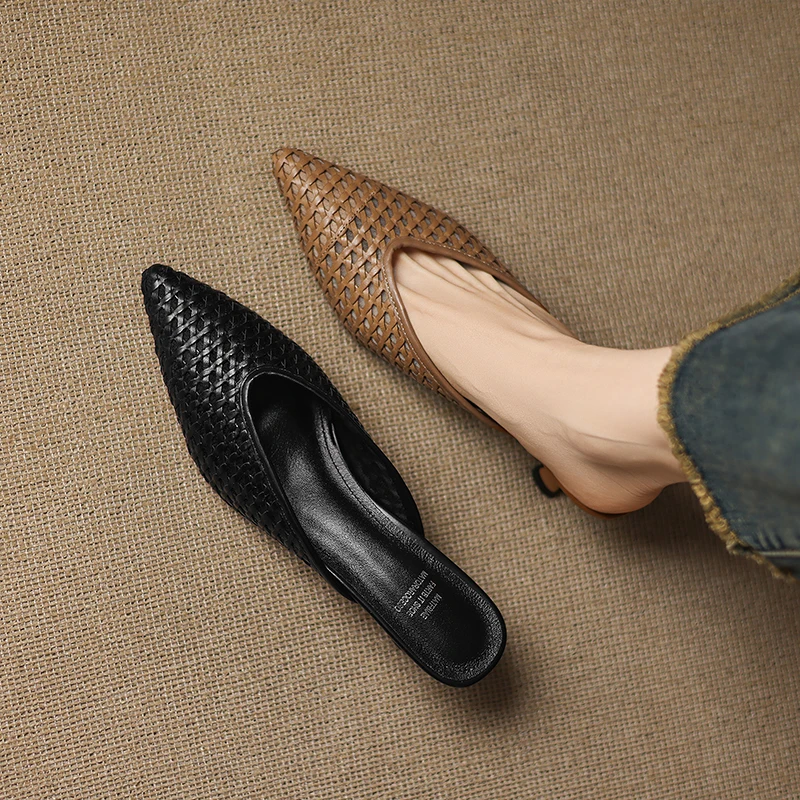 2026 new spring summer women mules natural leather 22-25cm weave cowhide+pigskin pointed toe thin high heel women sandals