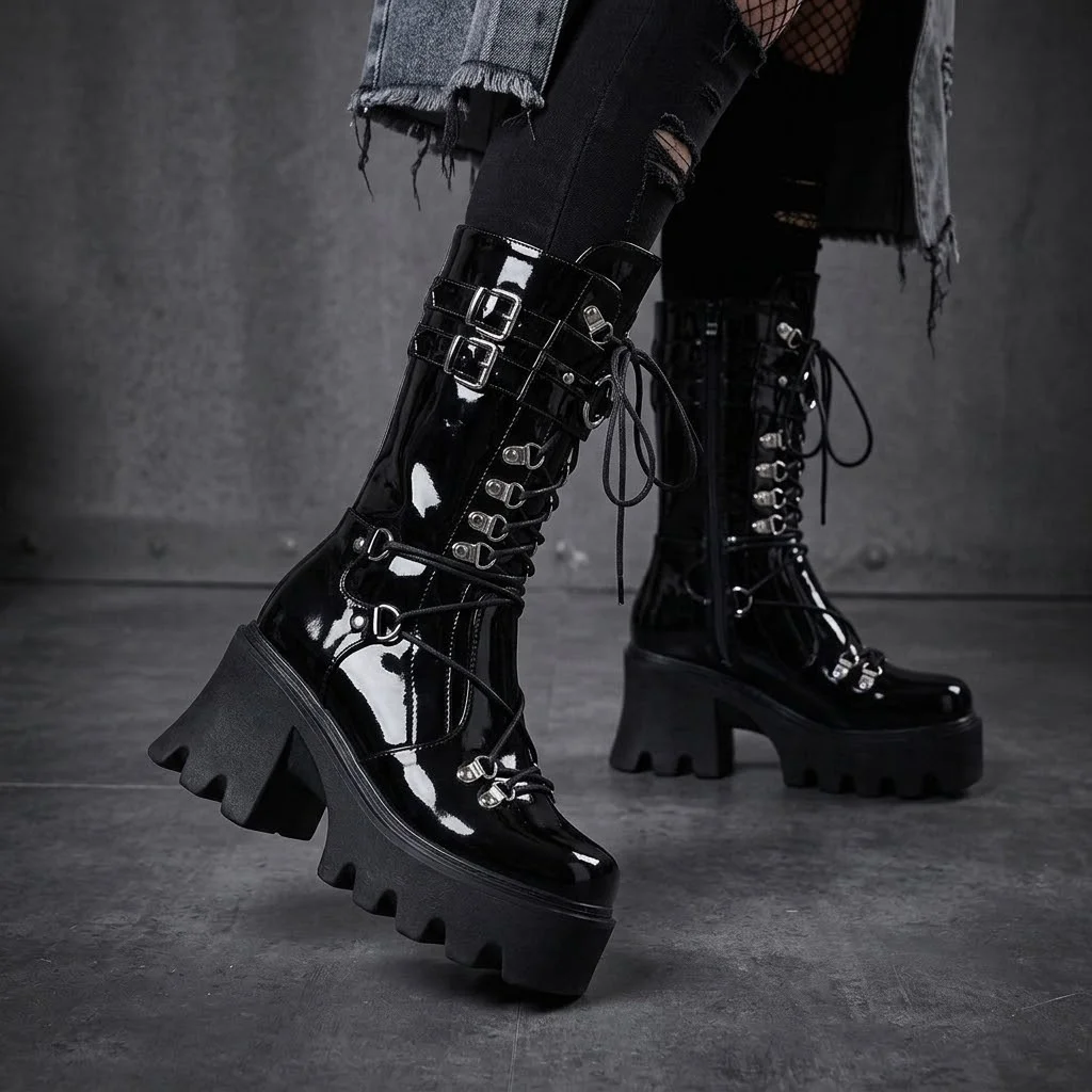 Women Patent Leather Mid Calf Boots Punk Gothic Lace Up Platform Chunky Heel Metal Buckle Party Cosplay Boots