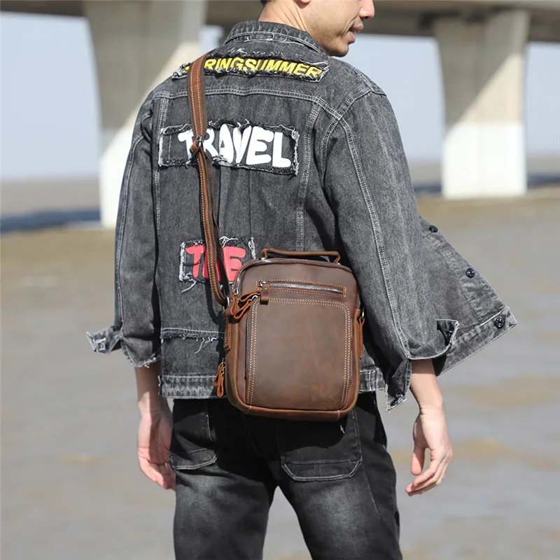High quality crazy horse cowhide men's shoulder bag outdoor handmade travel work natural genuine leather small handbag satchel