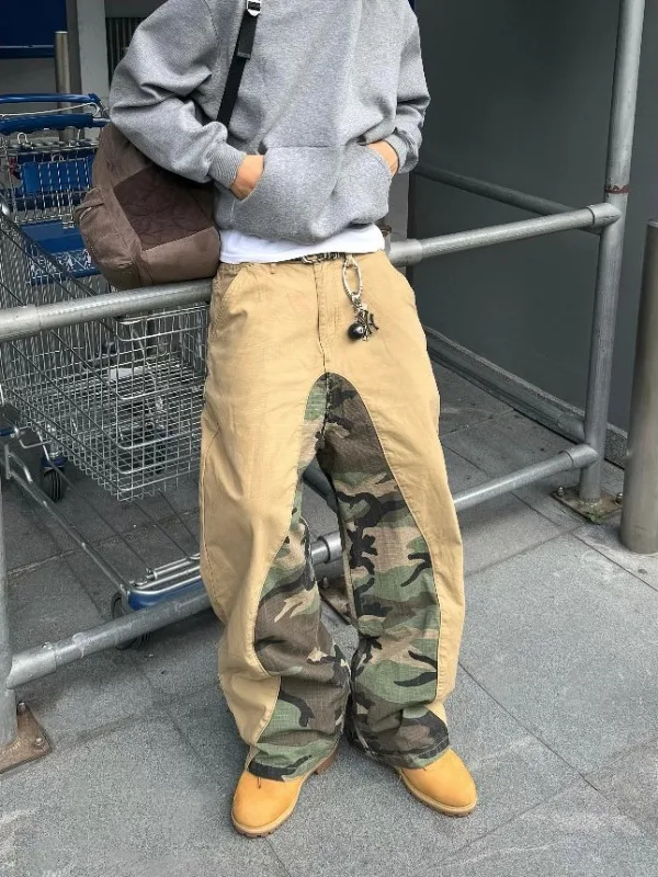 American Style Loose Straight Leg Camouflage Patchwork Work Pants Men's Trendy Brand Casual Handsome Wide Leg Long Pants